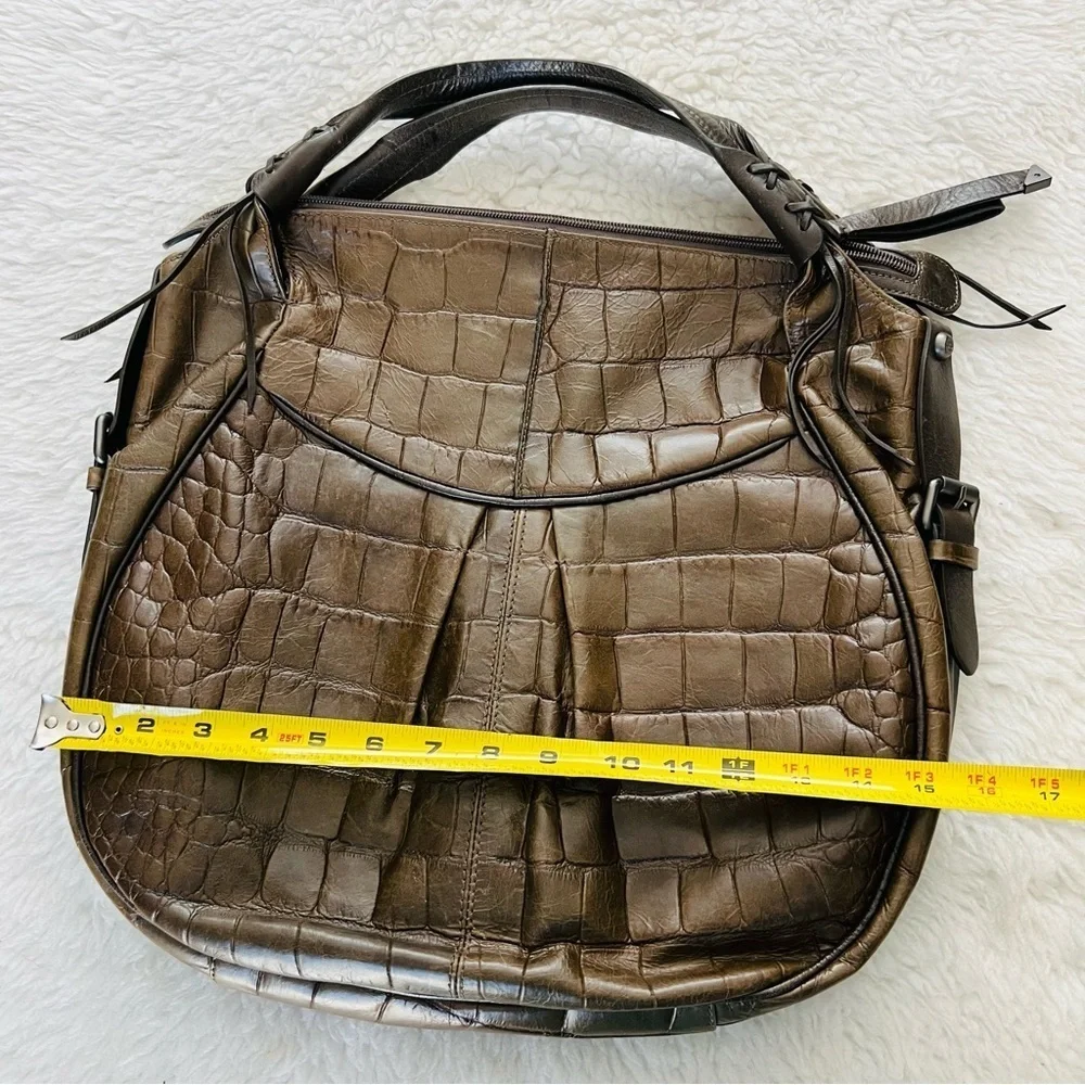 Francesco Biasia Italy Olive Crocodile Print Embossed Leather Large Bag